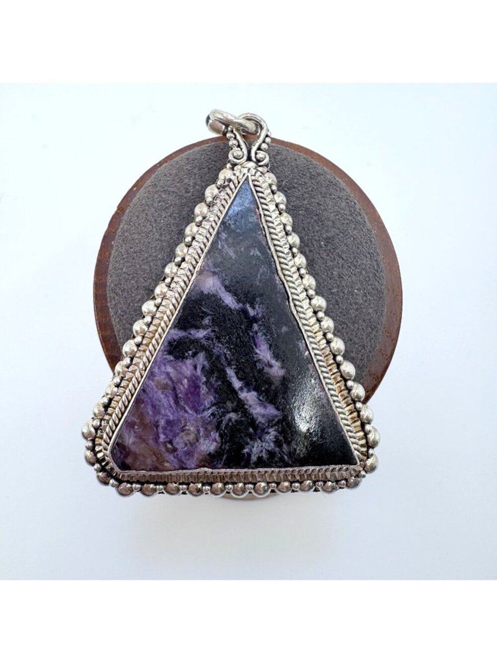 Southwestern Style Charoite Sterling Silver 925 Triangular Pendant 2.75" Length